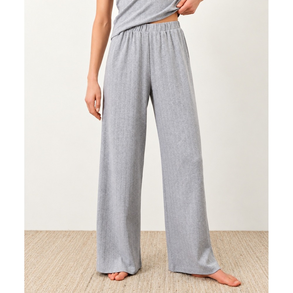 Pact Organic Cotton Pointelle Wide Leg Pants L Clean Girl Elevated Lounge Grey